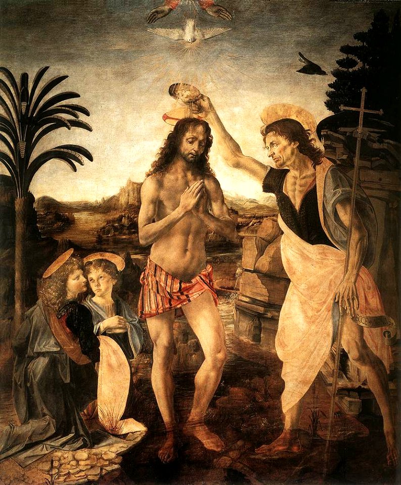 Verrocchio e leonardo, battesimo di cristo 01