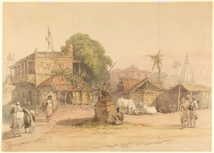 Village with a small tulsi altar and a watercarrier with his bullock by William Prinsep 1840