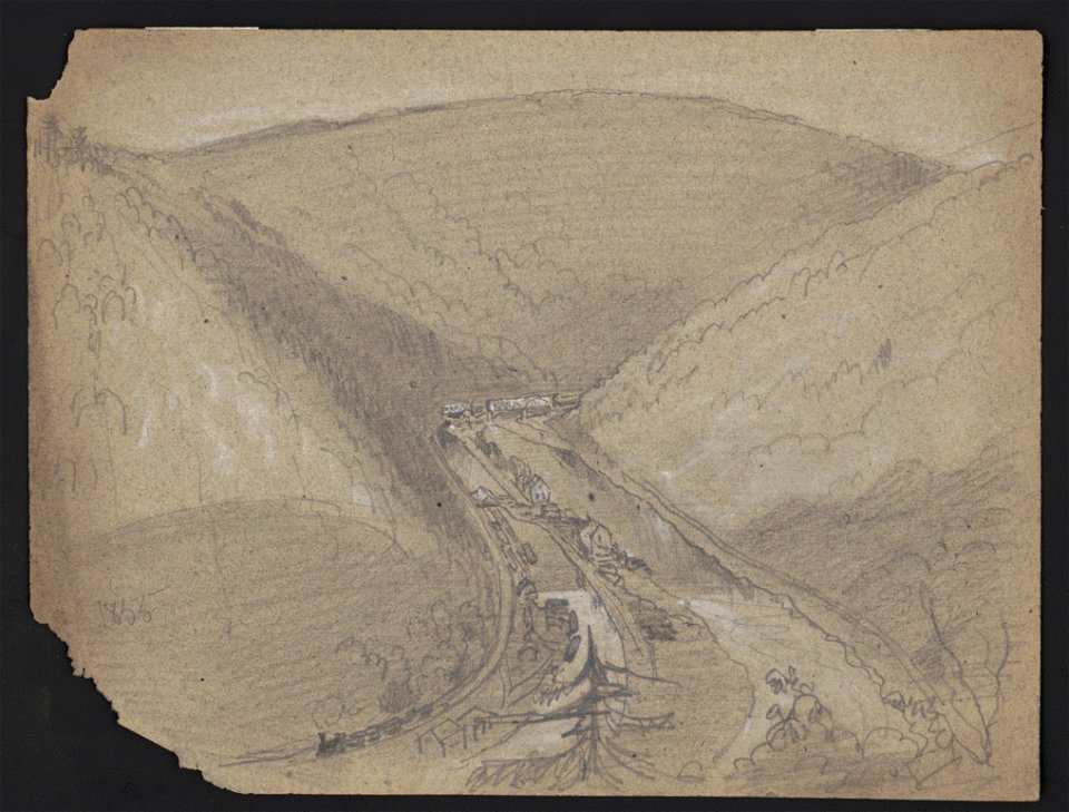 Village in mountain gap, train running on tracks on the left, buildings on strip of land dividing a river LCCN2016648685