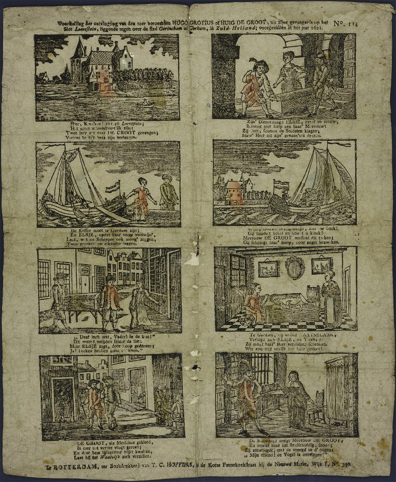 Voorstelling der ontvlugting van den zeer beroemden Hugo Grotius of Huig de Groot, uit zijne gevangenis op het slot Loevestein-Catchpenny print-Borms 0516
