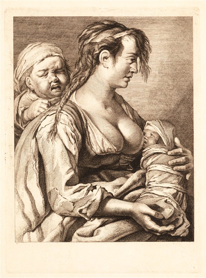 Vrouw met drinkende baby aan de borst en een kind op haar rug, objectnr A 14274