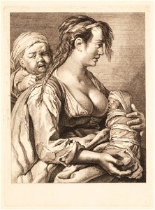 Vrouw met drinkende baby aan de borst en een kind op haar rug, objectnr A 14274