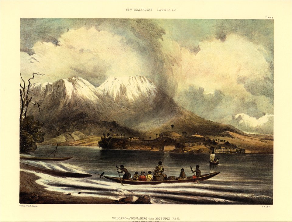 VOLCANO OF TONGARIRO with MOTUPOI PAH. FROM ROTO-AIRE LAKE, The New Zealanders Illustrated, 1847