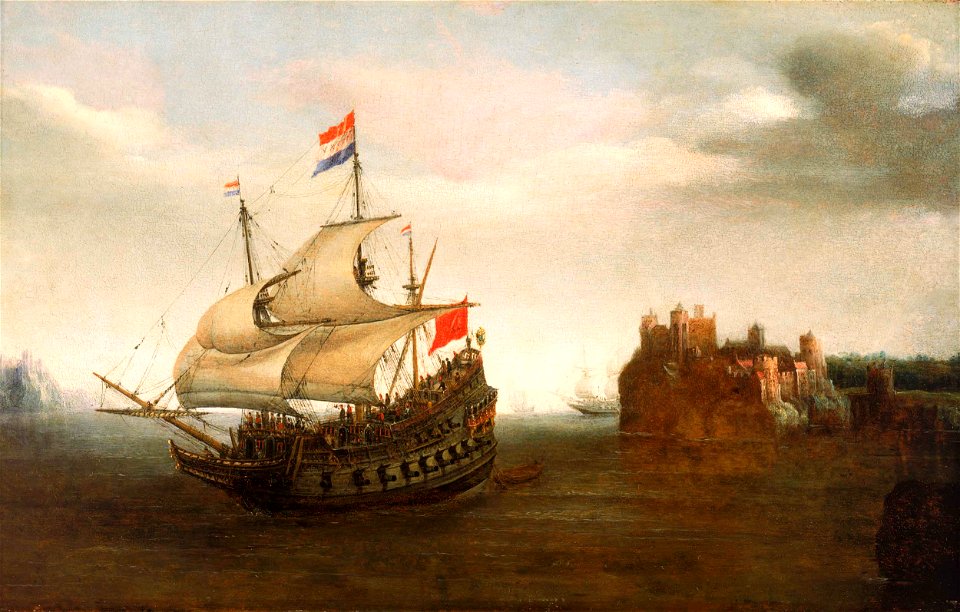 Vromm Hendrick Cornelisz A Castle with a Dutch Ship Sailing Nearby
