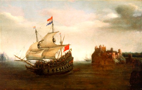Vromm Hendrick Cornelisz A Castle with a Dutch Ship Sailing Nearby. Free illustration for personal and commercial use.