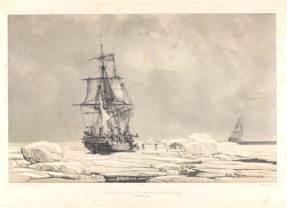 Voyage au pole sud et dans l'Oceanie. Atlas Pittoresque. Pl.23. Les corvettes sortant de la banquise le 9 Fevrier 1838 (Parages Antarctiques). (shows Astrolabe and Zelee) RMG PY0880