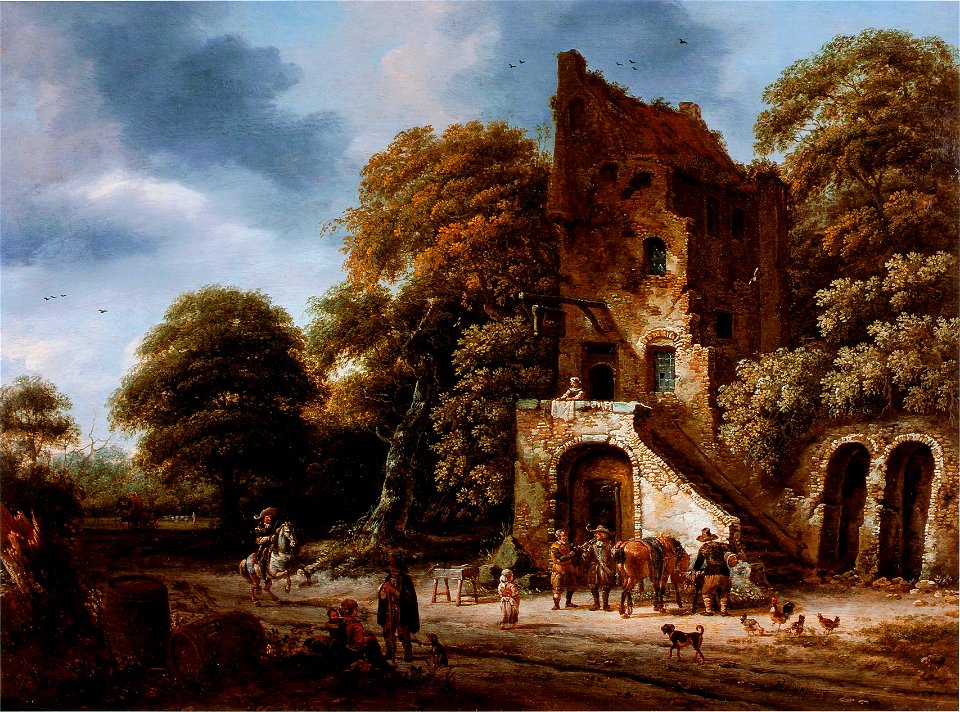 Roelof Jansz. van Vries & Salomon Rombouts - Landschap met reizigers bij een vervallen herberg