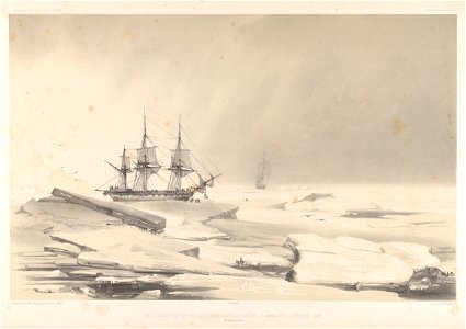 Voyage au pole sud et dans l'Oceanie. Atlas Pittoresque. Pl.22. Les corvettes se halant dans les glaces de la banquise 6 Fevrier 1838 (Parages Antarctiques). (shows Astrolabe and Zelee) RMG PY0879