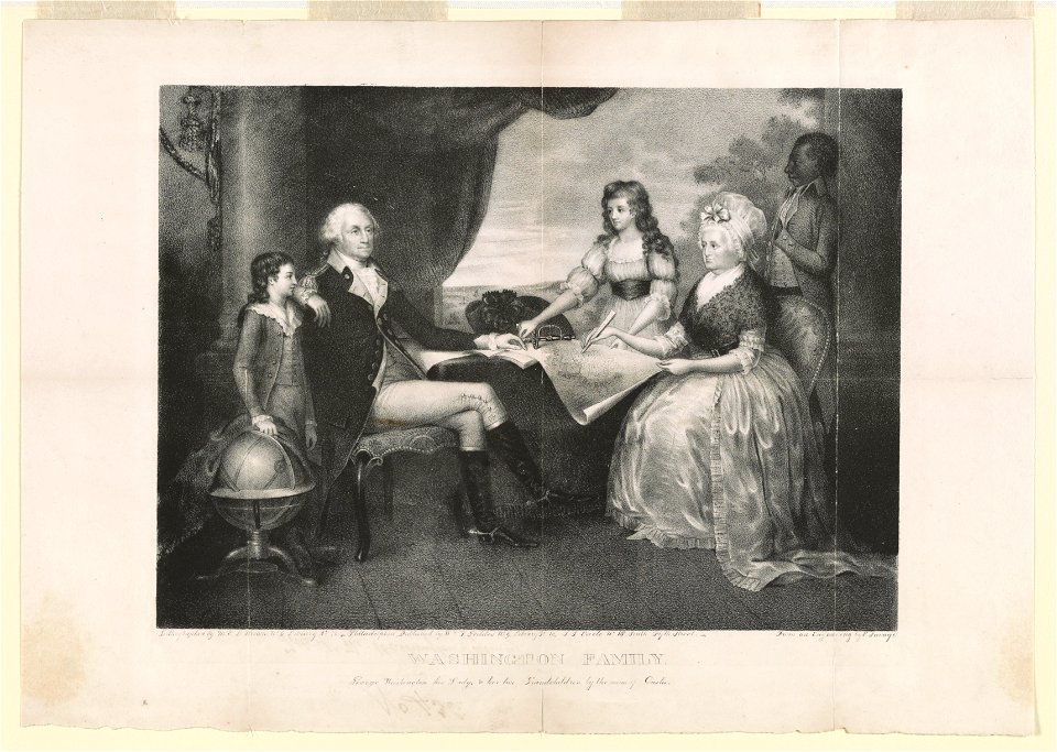 Washington family. George Washington, his Lady, & her two grandchildren by the name of Custis - lithographed by M.E.D. Brown, No. 5 Library St., Phila. ; from an engraving by E. Savage. LCCN2002698165