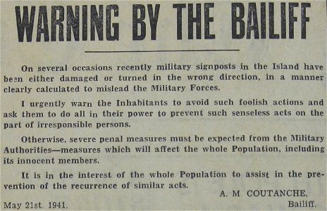 Warning by the Bailiff signposts 1941 Jersey