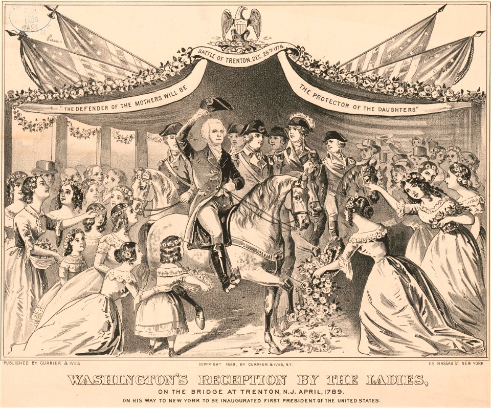 Washington's reception by the ladies, on the bridge at Trenton, N.J. April, 1789 on his way to New York to be inaugurated first President of the United States (cropped)