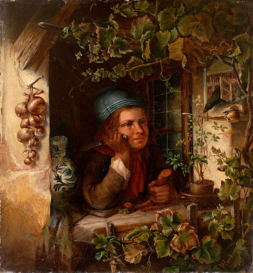 Wilhelm Wanderer Knabe blickt aus efeuberanktem Fenster