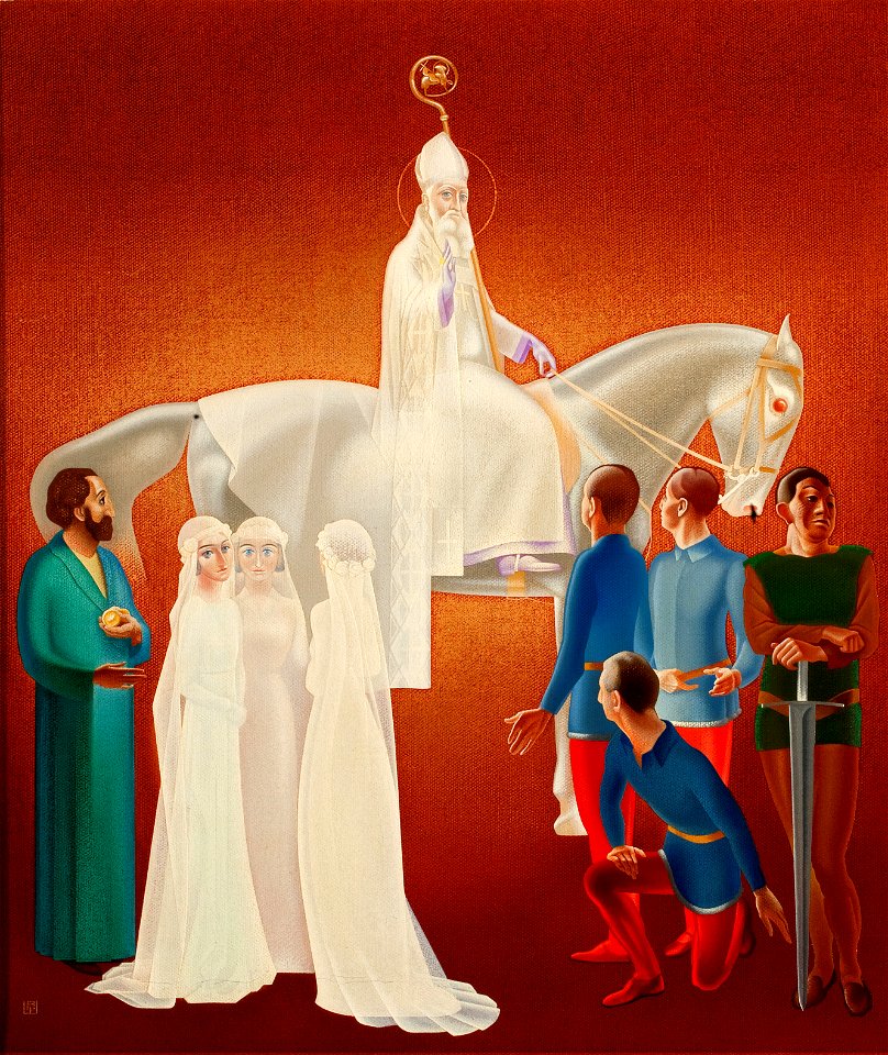 Willem Adolfs - Sint-Nicolaas te paard met figuren uit zijn legende
