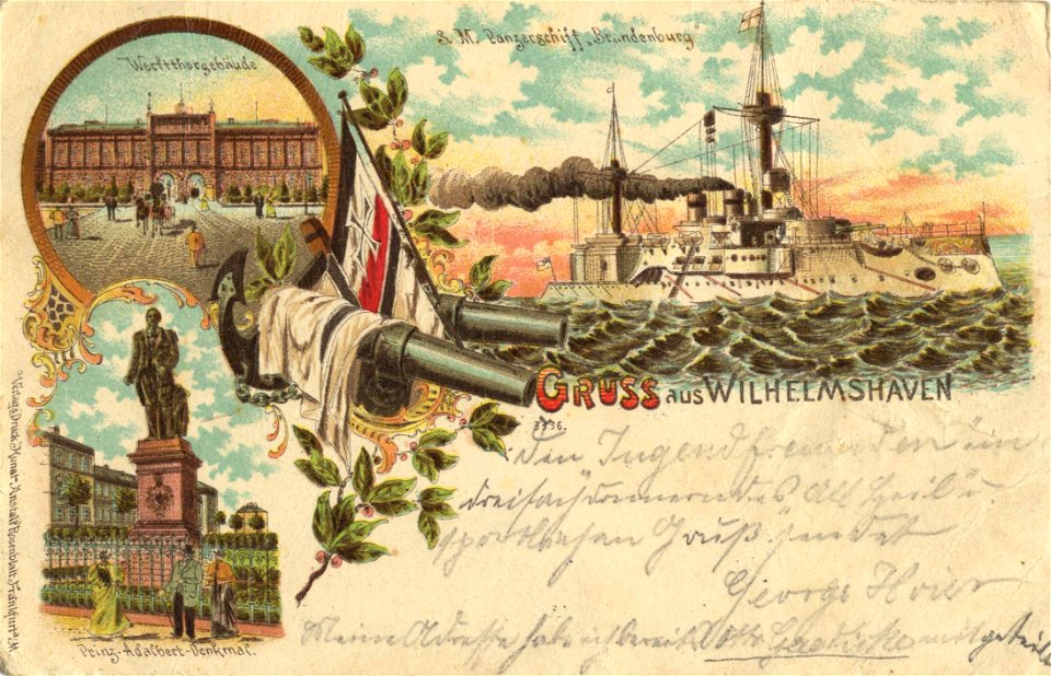 Wilhelmshaven, Niedersachsen - Werfttor I; Panzerschiff Brandenburg; Prinz-Adalbert-Denkmal (Zeno Ansichtskarten)