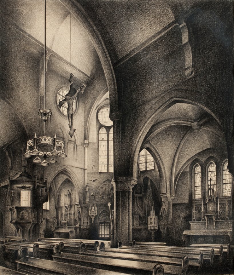 Willem Adolfs - Interieur van de St. Joannes de Dooperkerk te Vlaardingen