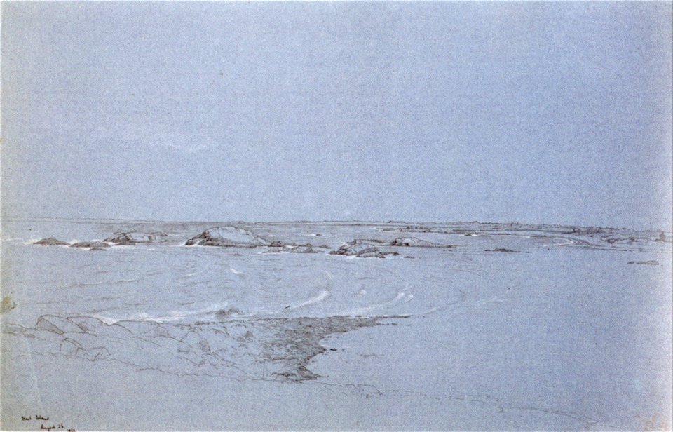 William Stanley Haseltine - 'West Island', graphite with white heightening on blue paper, 1863