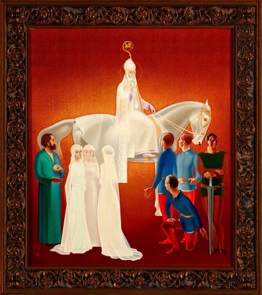 Willem Adolfs - Sint-Nicolaas te paard met figuren uit zijn legende (ingelijst)