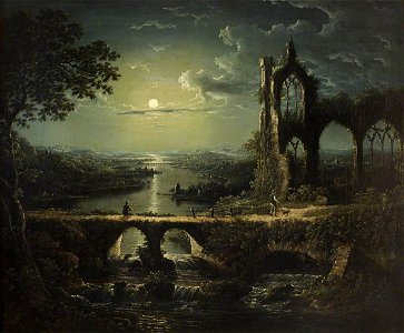 William Pether (1731-1819) - Moonlit River Scene with a Ruined Gothic Church, and a Stone Bridge with an Angler - 515485 - National Trust