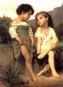 William-Adolphe Bouguereau (1825-1905) - At the Edge of the Brook (1879). Free illustration for personal and commercial use.
