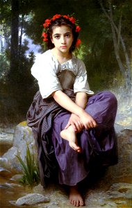 William-Adolphe Bouguereau (1825-1905) - At the Edge of the Brook (1875). Free illustration for personal and commercial use.