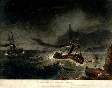Wreck of The Queen Victoria Dublin Mail Steam Packet in a snowstorm on the Howth Rocks, Coast of Ireland, between 2 and 3 o'clock on Tuesday Morning, February 15th 1853, when 80 of the unfortunate Passengers and Crew RMG PU6699