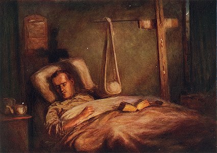 Wounded man asleep, with his arm in a suspended sling RMG PV2605. Free illustration for personal and commercial use.