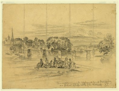 Wounded soldiers crossing the Rappahannock River at Fredericksburg on a flatboat-After the battle of the Wilderness - EF. LCCN2004661864