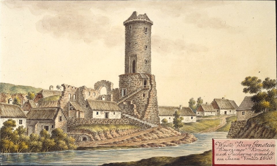 Wüste Burg Genstein Kauřzimer Kreises nach Pucherna gemahlt von Joann Venuto 1820