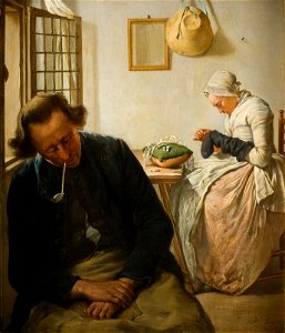 Wybrand Hendriks - Interieur met een slapende man en een vrouw die sokken stopt - BR2876 - Rijksmuseum Twenthe