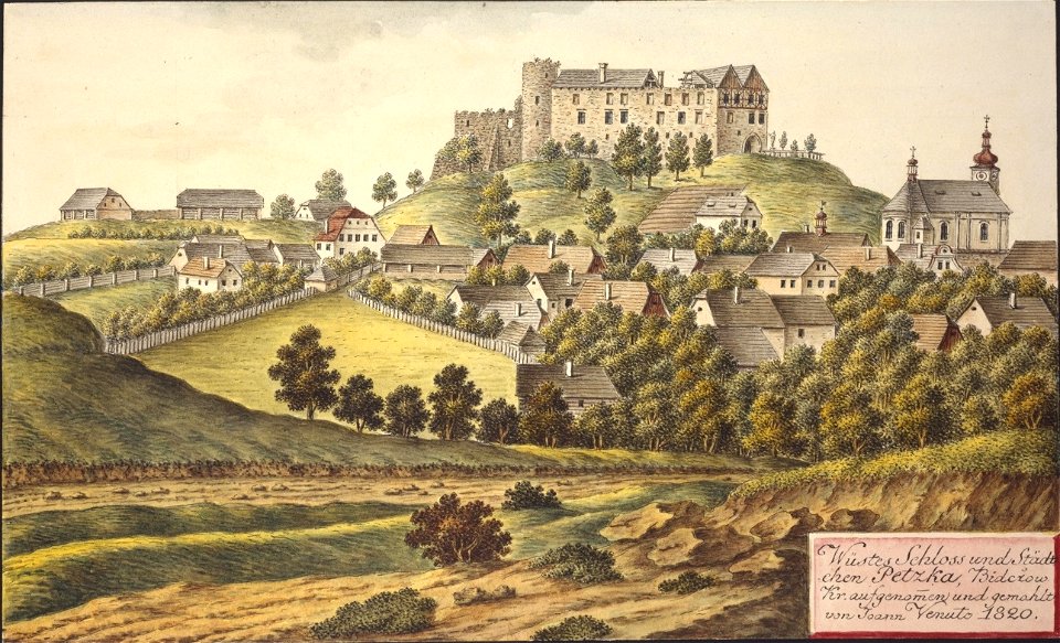 Wüstes Schloss und Städtchen Petzka, Bidcžow Kr. aufgenomen und gemahlt von Joann Venuto 1820