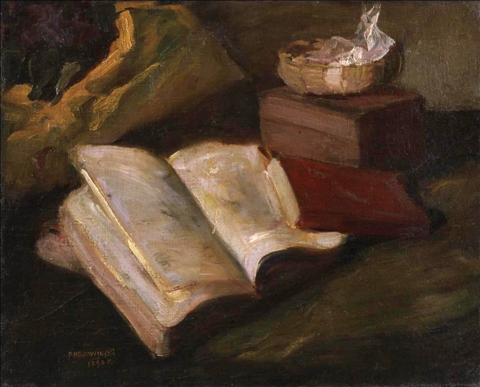 Władysław Podkowiński Martwa natura z czerwoną książką 1890 Muzeum Śląskie Katowice Poland