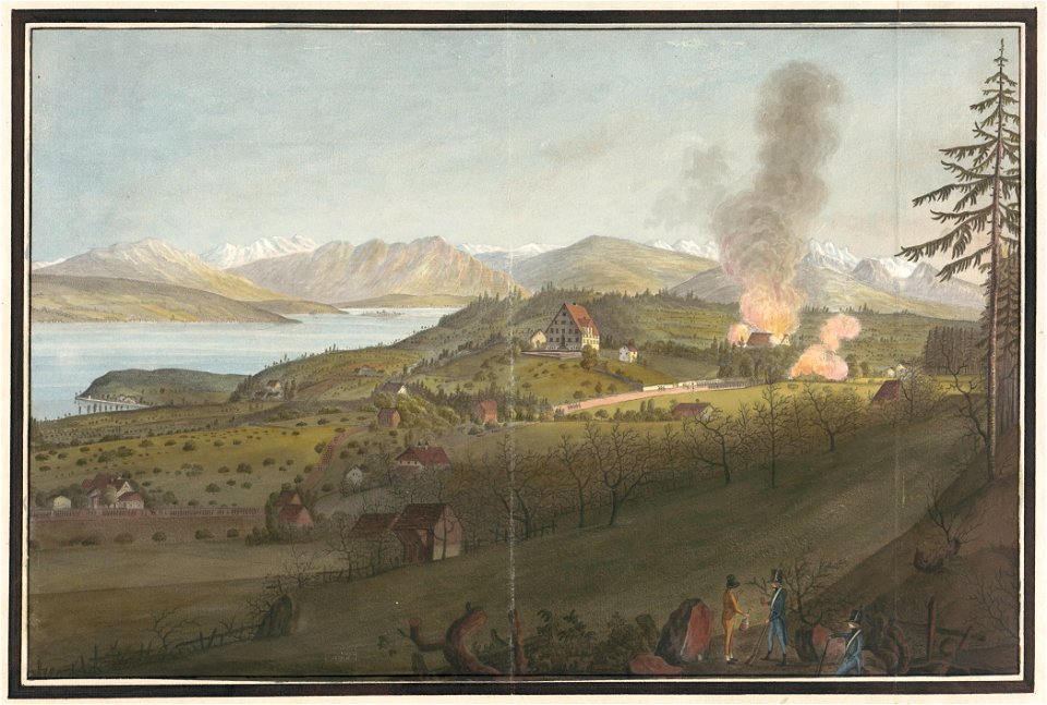 Zentralbibliothek Zürich - Der Landsitz Bocken nach dem Gefecht um das Landhaus während des Bockenkrieges am 28 März 1804 - 000000423