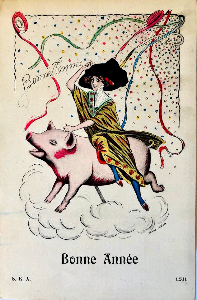 Xavier Sager Bonne Année woman and pig