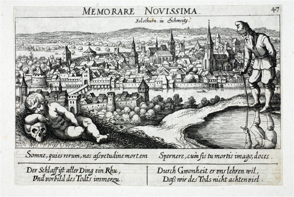 Zentralbibliothek Solothurn - Solothurn in Schweitz unterhalb des Bildes Somne quies rerum nos assuetudine mortem Spernere cum sis tu mortis imago doces unten links Der Schlaff ist aller Ding ein Rhu Und vorbild des Tod - a0009