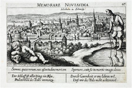 Zentralbibliothek Solothurn - Solothurn in Schweitz unterhalb des Bildes Somne quies rerum nos assuetudine mortem Spernere cum sis tu mortis imago doces unten links Der Schlaff ist aller Ding ein Rhu Und vorbild des Tod - a0009