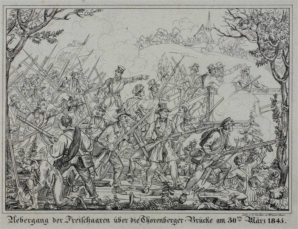 Zentralbibliothek Solothurn - Übergang der Freischaaren über die ThorenbergerBrücke am 30ten März 1845 - a0316