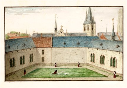 Zicht op binnenkoer van het klooster der Karmelietessen in 1780