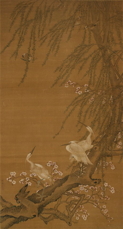 Egrets, Small Birds, Willows, and Peach Blossom, Zhao Yong
