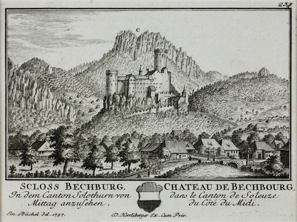 Zentralbibliothek Solothurn - SCLOSS BECHBURG In dem Canton Solothurn von Mittag anzusehen Wappen Bechburg Bezirk Gäu CHATEAU DE BECHBOURG dans le Canton de Soleuze du Côté du Midi - a0326