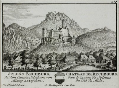 Zentralbibliothek Solothurn - SCLOSS BECHBURG In dem Canton Solothurn von Mittag anzusehen Wappen Bechburg Bezirk Gäu CHATEAU DE BECHBOURG dans le Canton de Soleuze du Côté du Midi - a0326