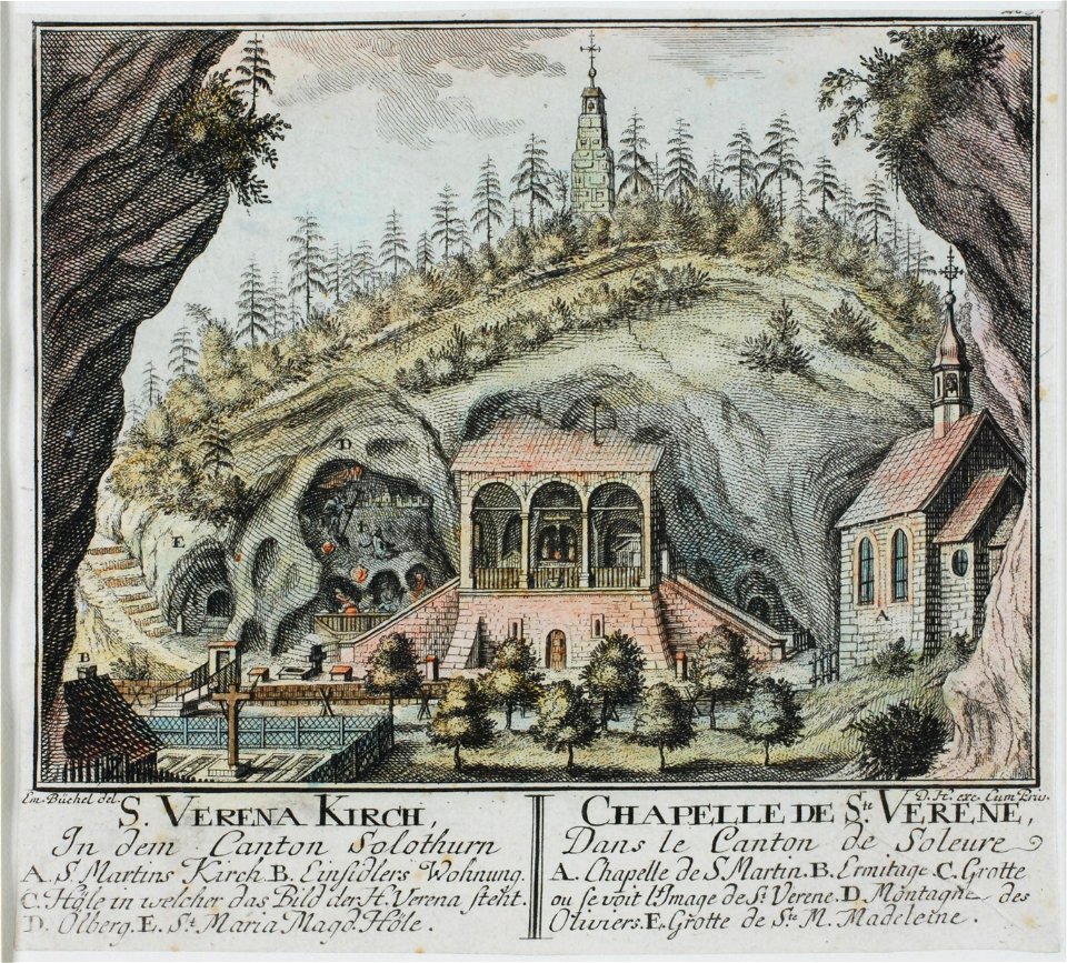 Zentralbibliothek Solothurn - S VERENA KIRCH In dem Canton Solothurn A S Martins Kirch B Einsidlers Wohnung C Höle in welcher das Bild der H Verena steht D Ölberg E St Maria Magd Höle l CHAPELLE DE Ste VERENE Dans l - a0347