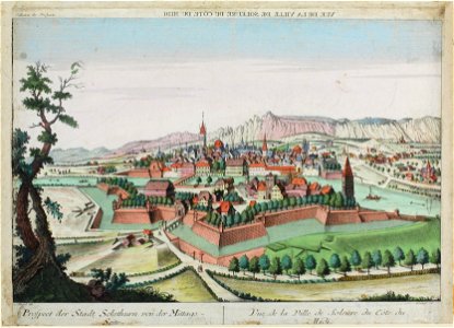 Zentralbibliothek Solothurn - Über dem Bild seitenverkehrt VUE DE LA VILLE DE SOLEURE DU CÔTÉ DU MIDI unter Bild Prospect der Stadt Solothurn von der Mittags Seite Vue de la Ville de Soleure du Côté du Midi - aa0419