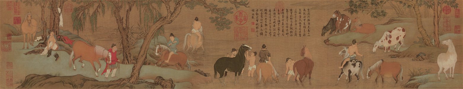 Zhao Mengfu. Bathing Horses. 28.1 x 155.5 cm Palace Museum, Beijing.