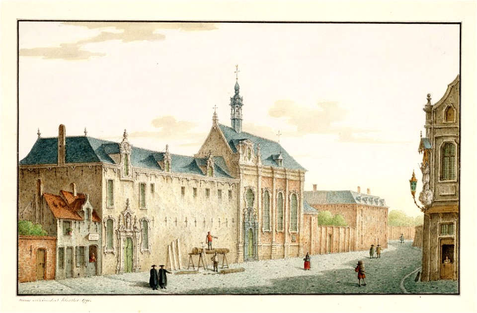 Zicht op het Godshuis van de Heilige Drievuldigheid, later het cellebroedersklooster aan de Nokerstraat, 1790