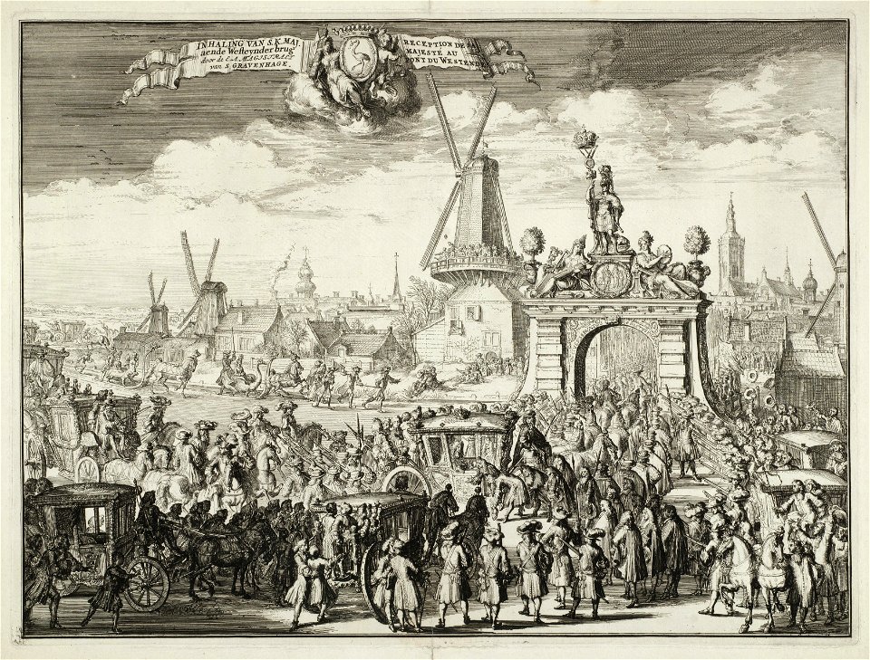 Aankomst en verwelkoming door het stadsbestuur van Den Haag van stadhouder-koning Willem III bij de erepoort bij de Westeinderbrug te Den Haag, 5 februari 1691. NL-HlmNHA 53009139