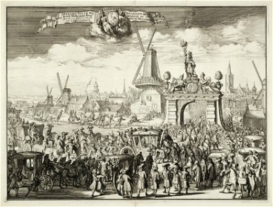 Aankomst en verwelkoming door het stadsbestuur van Den Haag van stadhouder-koning Willem III bij de erepoort bij de Westeinderbrug te Den Haag, 5 februari 1691. NL-HlmNHA 53009139