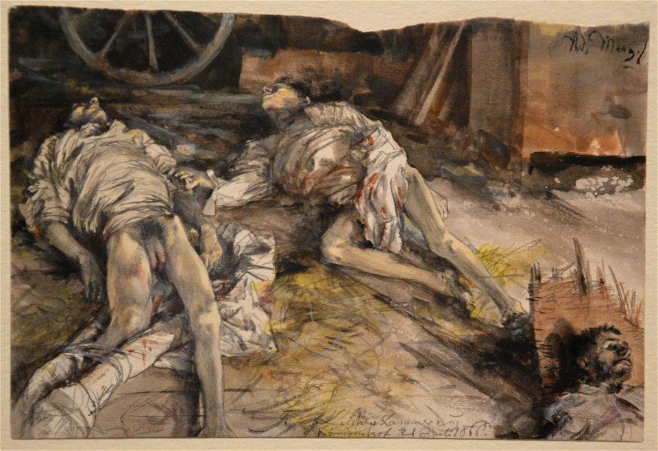 Adolph Menzel - Leichen-Kammer zu Koninginhof - Drei gefallene Soldaten in einer Scheune (21 July 1866)