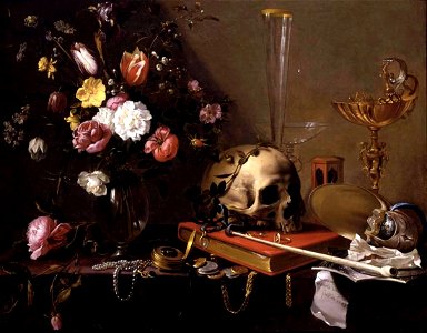 Adriaen van Utrecht- Vanitas - Still Life with Bouquet and Skull. Free illustration for personal and commercial use.
