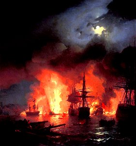 Ivan Constantinovich Aivazovsky - Battle of Çesme at Night. Free illustration for personal and commercial use.