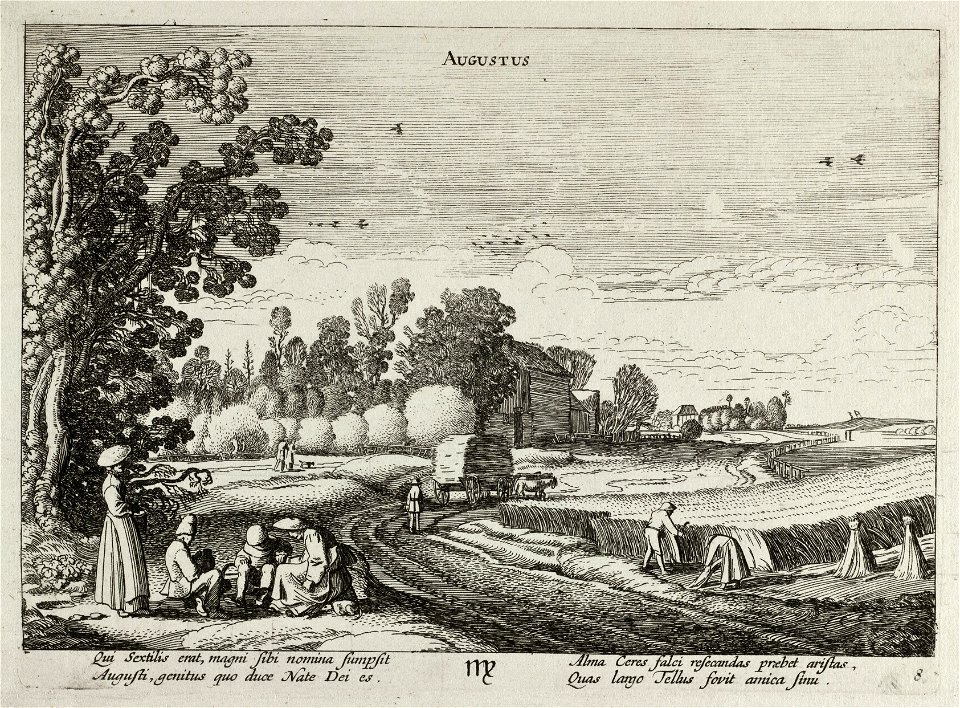 Augustus (Augustus). Een landschap met oogstende boeren en korenschoven op het land, voorstellende de maand augustus. Linksvoor een groep rustende figuren. Onderaan het astrologische symbool, NL-HlmNHA 53012365